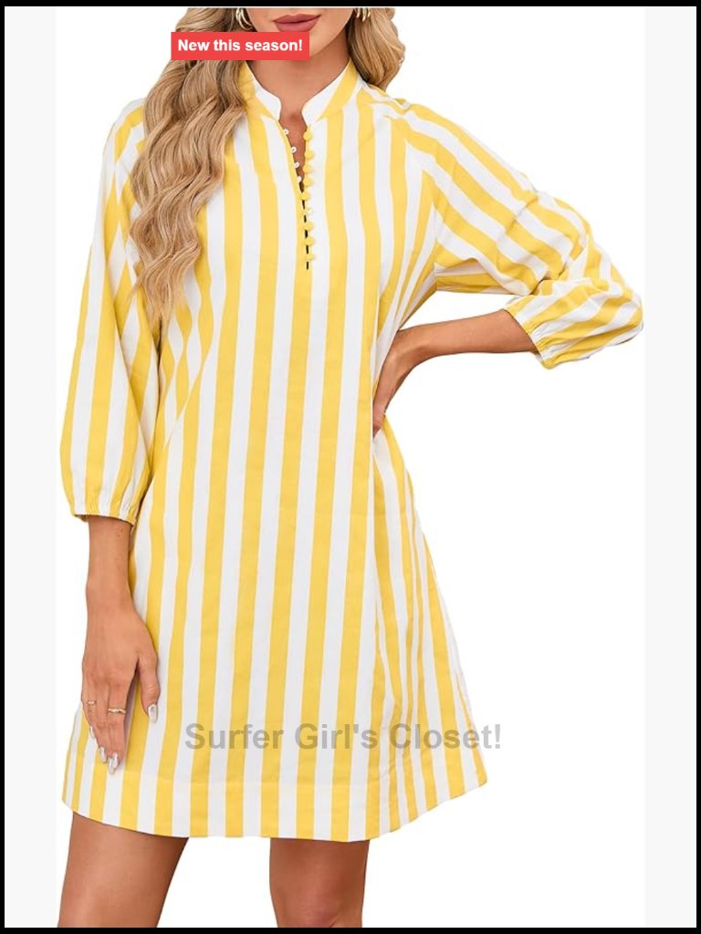 Striped Button Up 3/4 Sleeveless Casual Beach Mini Sundress